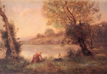 ブルック川の流れ Painting - VILLEDAVARYPAYSANNE ET SON ENFANT ENTRE DEUX ARBRES AU BORD DE Jean Baptiste Camille Corot stream